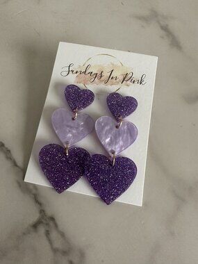 HEART Glitter Valentine Purple Drop Earrings NEW